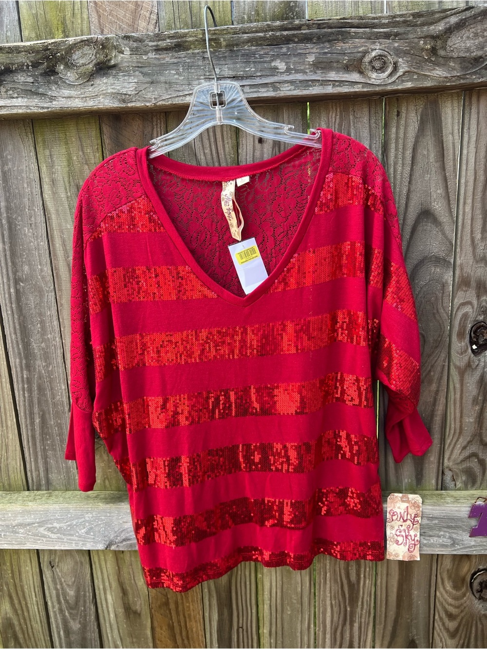 👗Only Sky Red Sequin Stripe V-Neck Top
